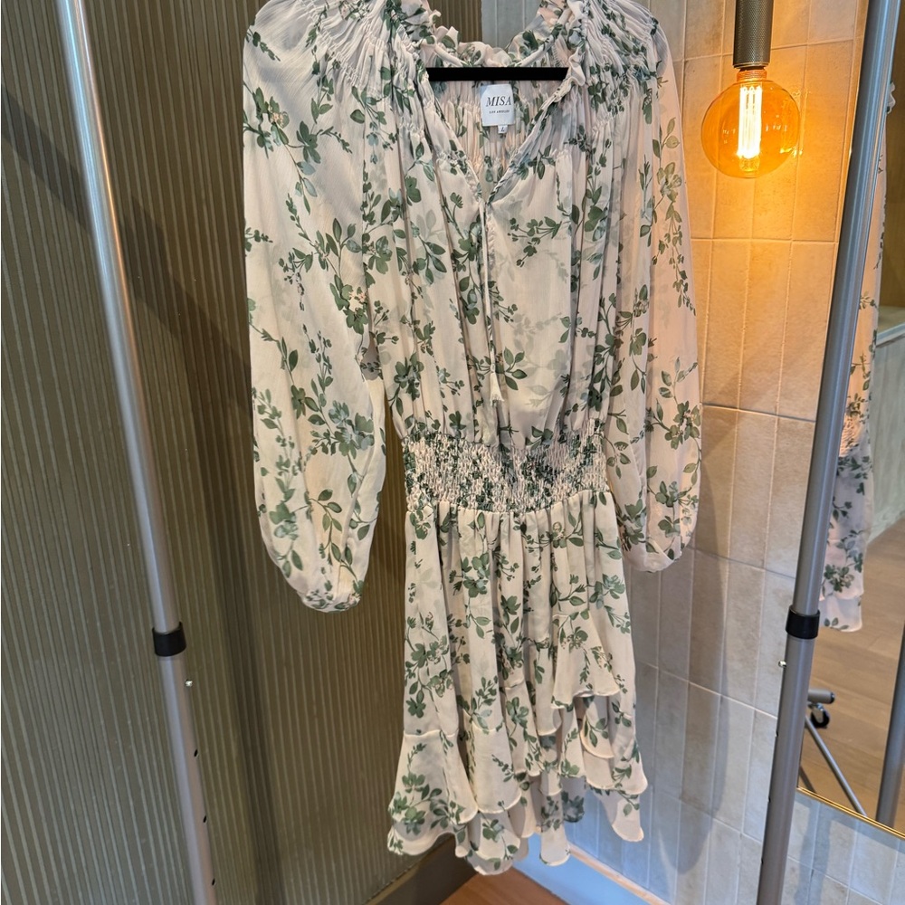 Misa Los Angeles Cream and Green Floral Long Sleeve Dress